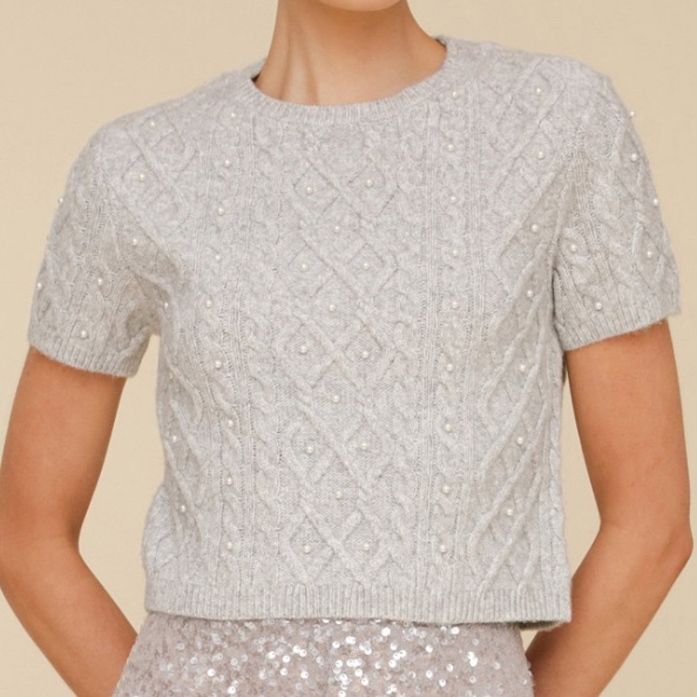 Avec Les Filles Pearl Gray Cable Knit Short Sleeve Sweater Size XS